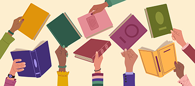A variety of hands holding up different books